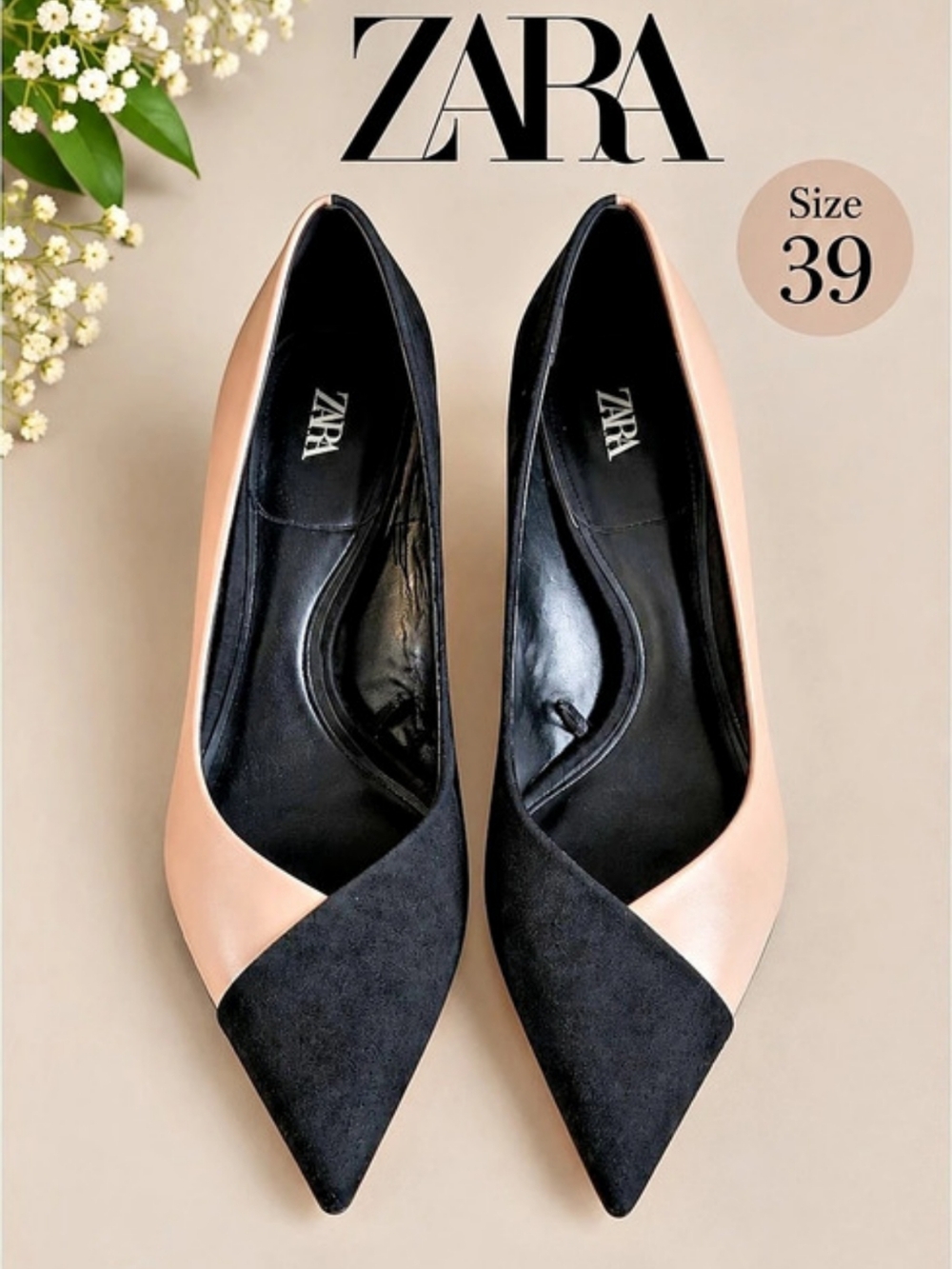 Zara Two-Tone Blush Nude & Black Pointed-Toe Pumps/Heels Size 39